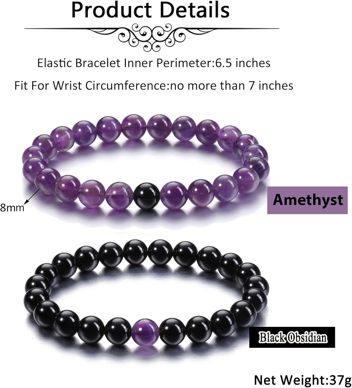Jovivi 2pcs 8mm Black Obsidian & Amethyst Healing Crystal Stone Stretch Bracelets Handmade Natural Round Gemstone Beaded Energy Beads Chakra Bracelet for Women Men Couples Distance Gifts - Image 3
