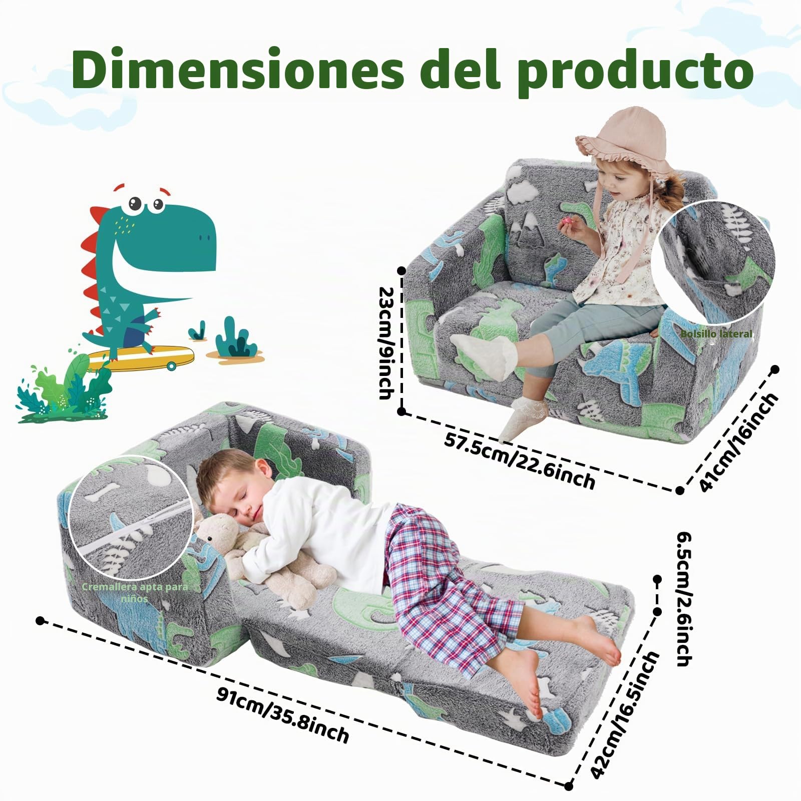 Sofá Infantil Plegable, sofá Cama 2 en 1, extraíble y Lavable, minisofá de Juegos para niños y niñas, sofá Convertible, diseño de Dinosaurios
