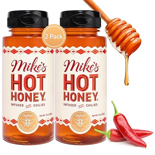 Mike's Hot Honey Botella fácil de verter de 10 onzas (paquete de 2), miel picante con una patada, dulzura y calor, miel 100% pura, estable en