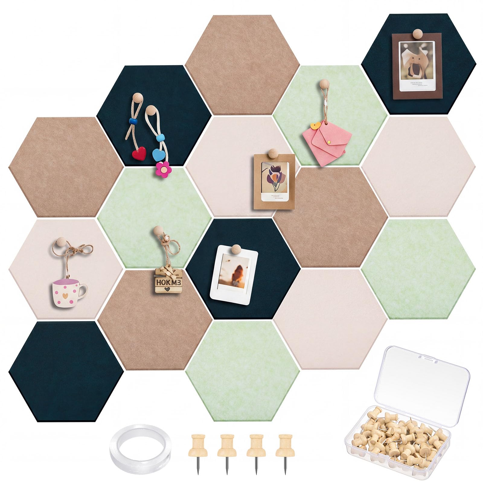 View 1 of 12x10 in 16 Pcs Hexagon Cork Board Tiles, Felt Pin Boards, Green