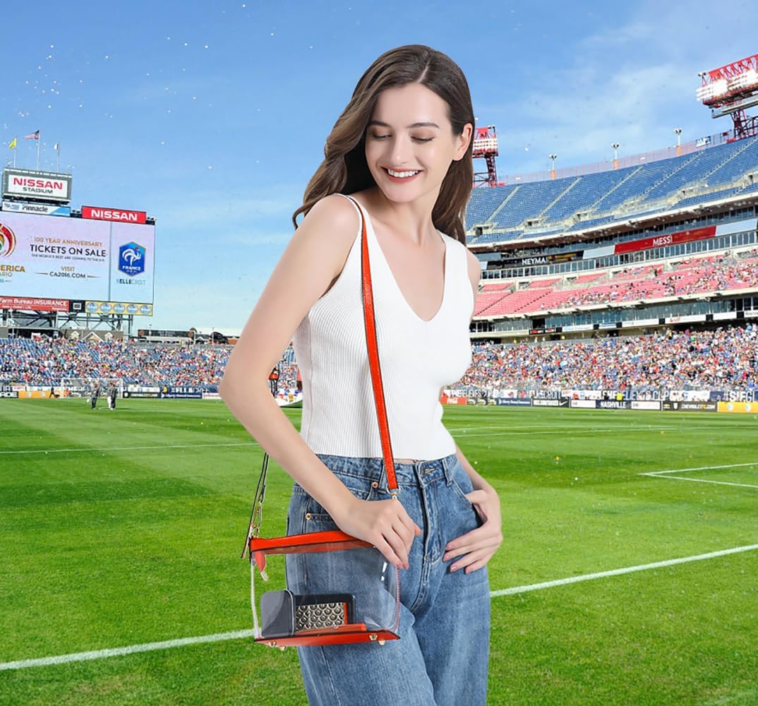 Y&R Direct 3-IN-1 Clear Zipper Crossbody Bag with Vegan Leather Trim Clear Purse for Stadium Festival Concert Gameday Gifts