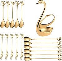 Vista 1 de AnSaw Soporte de base de cisne con 6 cucharas de té de mango largo de hoja dorada de 7.4 pulgadas y 5 cucharas de café pequeñas de 4.7 pulgadas y 5