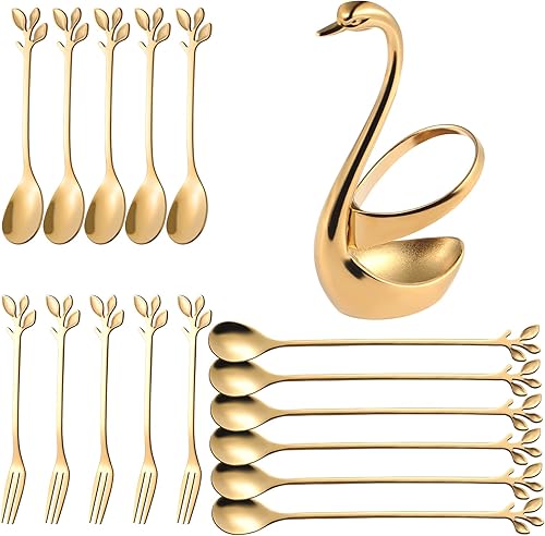 AnSaw Soporte de base de cisne con 6 cucharas de té de mango largo de hoja dorada de 7.4 pulgadas y 5 cucharas de café pequeñas de 4.7 pulgadas y 5