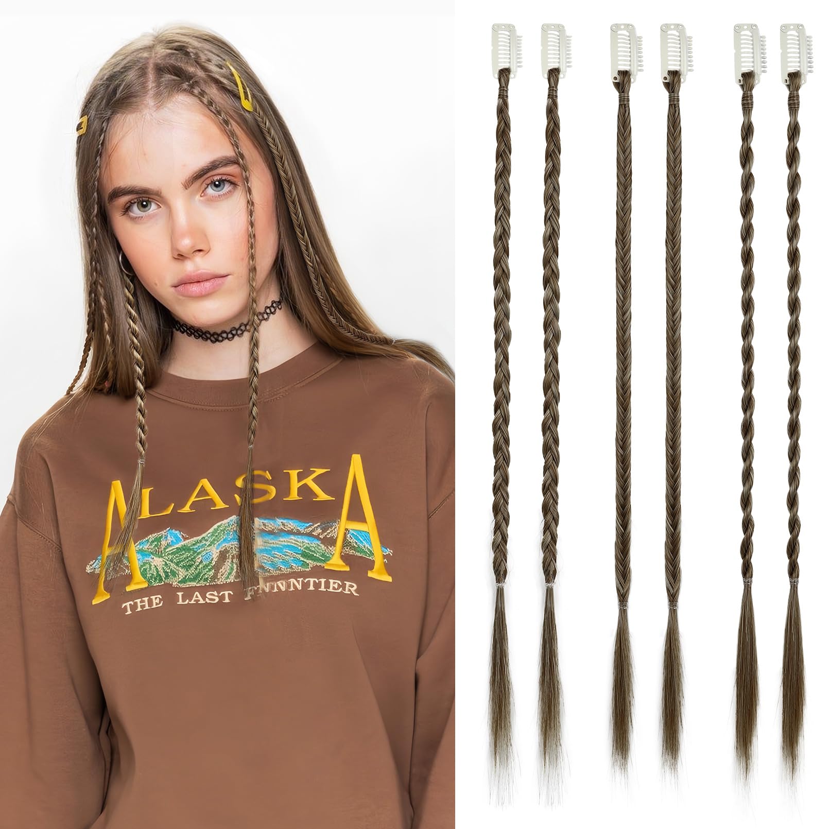 REECHO 6PCS Clip in Braid Hair Extensions for Women 14 Inch Clip in Braids Synthetic Braided Hairpieces for Daily Costume Party, Chocolate Brown with