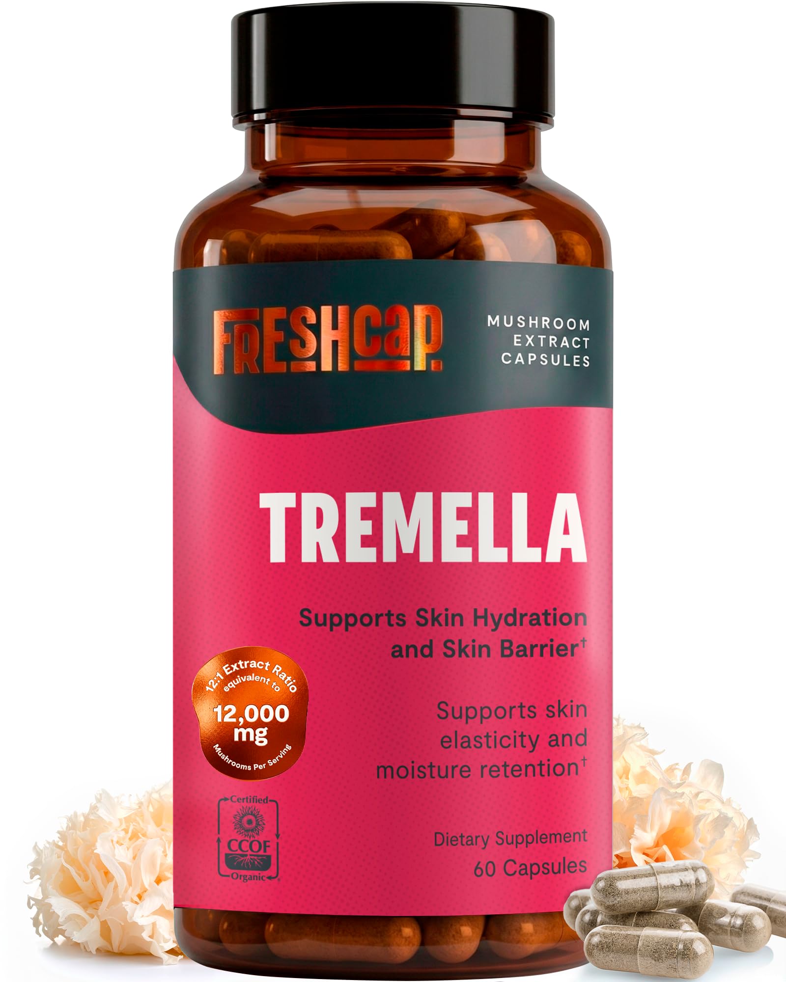 FreshCap Mushrooms Premium Organic Tremella Supplement, 60 Capsules