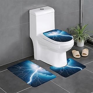 Lightning Pattern Anti-Slip Bathroom Rugs Set - 3-Piece Contour, Oval & Rectangular Mats for Toilet, Vanity & Restrooms