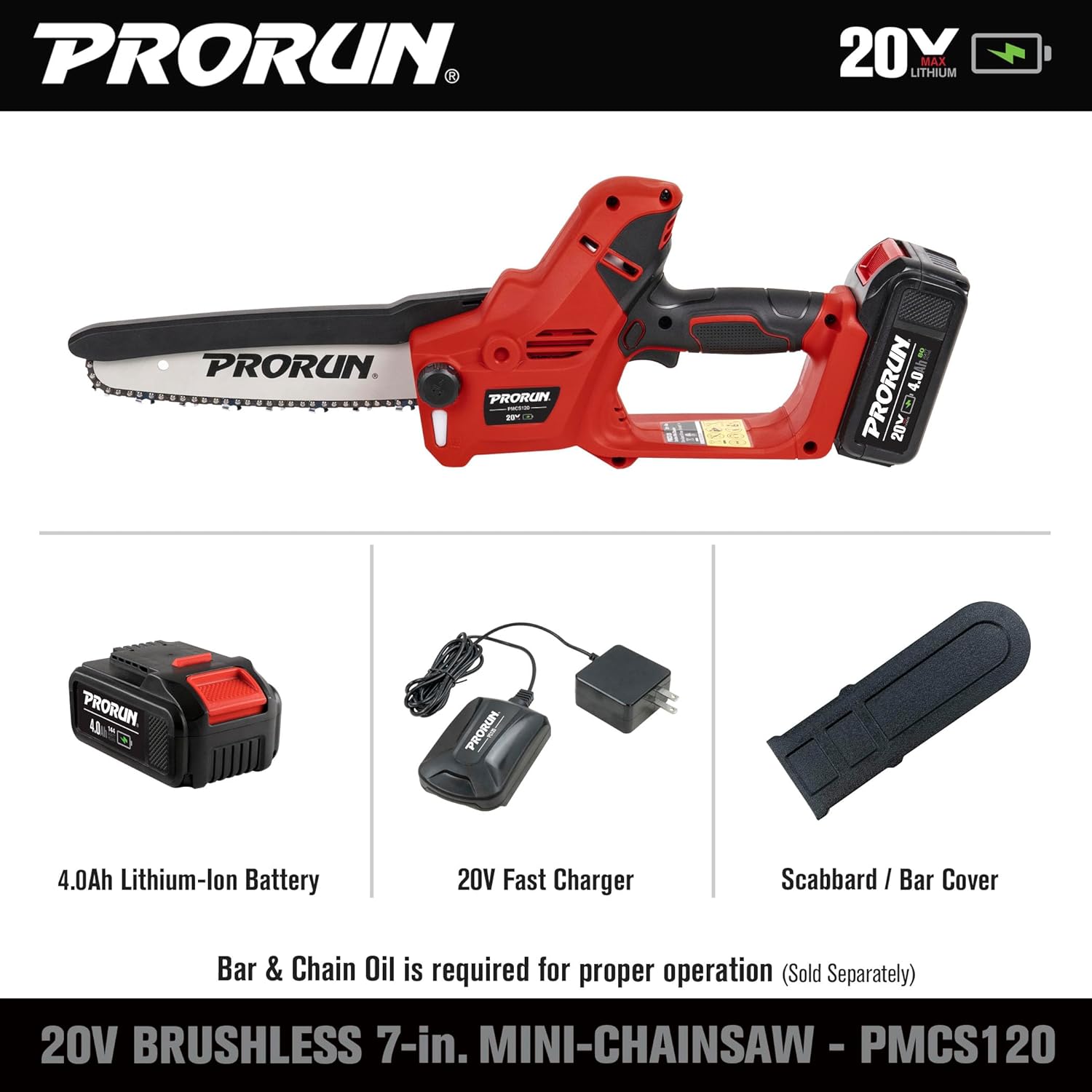 PRORUN 20V 7-in. Brushless Cordless Mini Chainsaw with 4.0 Ah Battery and Charger