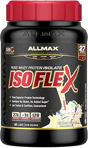 AllMax Nutrición - Polvo de proteína de suero ISOFLEX, aislado de proteína de suero de leche, 0.95 oz de proteína, pastel de cumpleaños, 2 libras