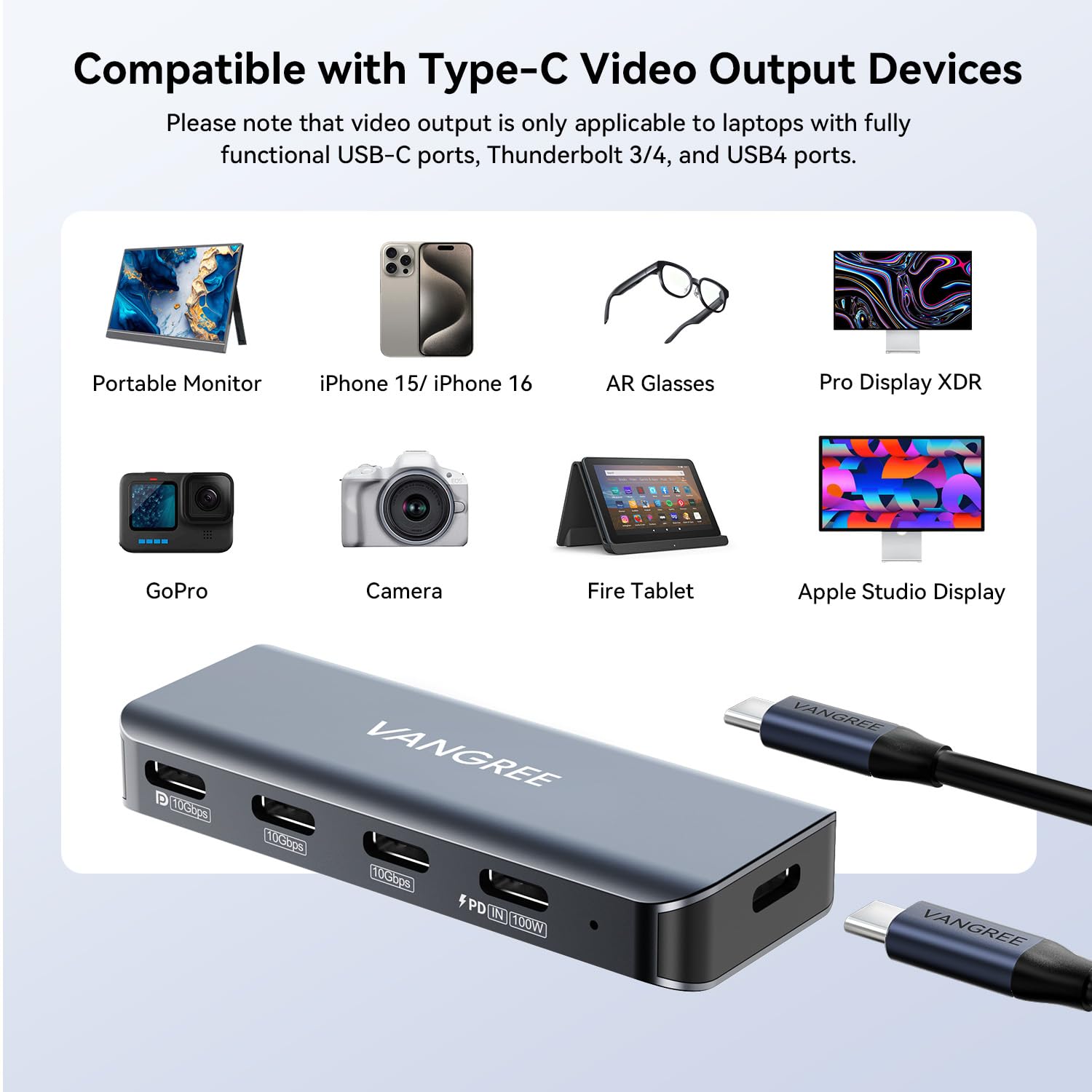 Hub USB C de 4 puertos con cable extraíble, 2 puertos USB-C 3.0 de 5 Gb/s, modo USB C DP Alt 4K @ 60Hz, PD 100W, adaptador multipuerto divisor USB C para MacBook Pro, iPad, iPhone 15, monitor USB-C,