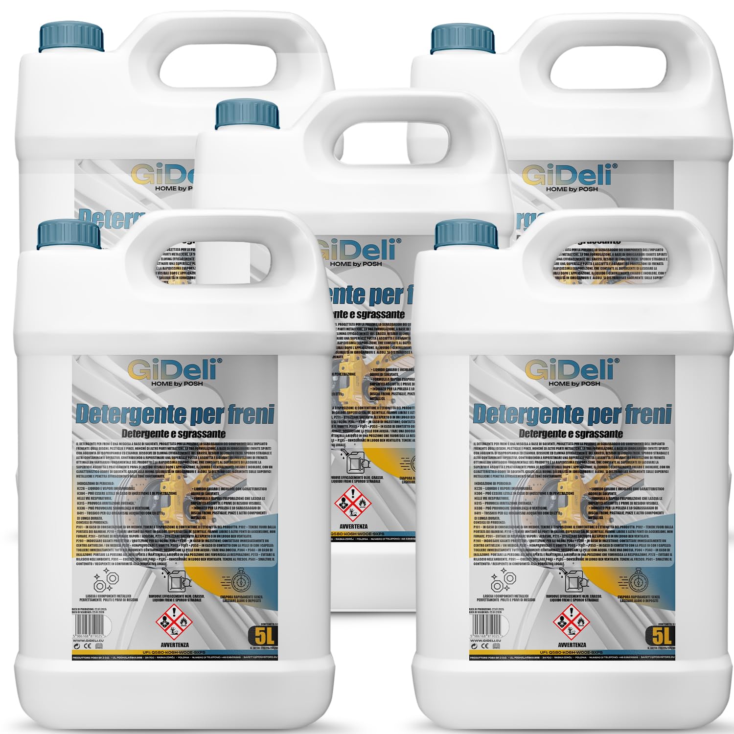 GiDeli Detergente per freni, tanica 5 x 5 l, per auto, moto e bicicletta, rimuove olio, grasso, polvere dei freni, residui di colla, sgrassante da officina, asciugatura rapida, senza lasciare residui
