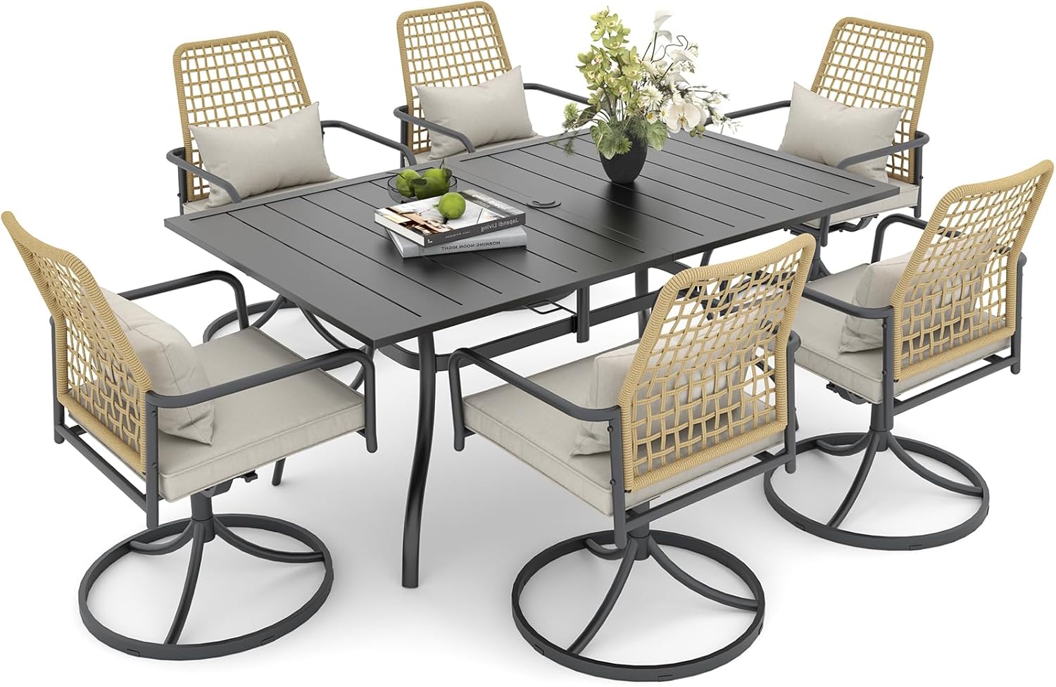 Anmutig 6-Piece Outdoor Patio Dining Set, 63" Large Rectangle Table with Powder Coated Metal Frame, 360° Swivel Rattan Chairs Set of 6, PE Rattan Furniture for Garden Backyard Deck