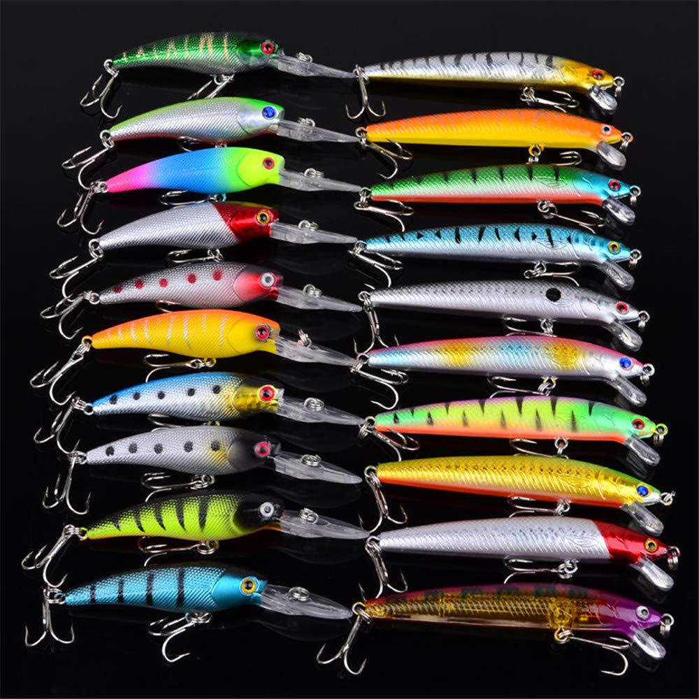 20pcs Fishing Lures Kit 2 Models Minnow Fishing Lures Topwater Lures Swimbait Wobbler Lifelike Bass Lures Hard Bait Fishing Tackle Kits