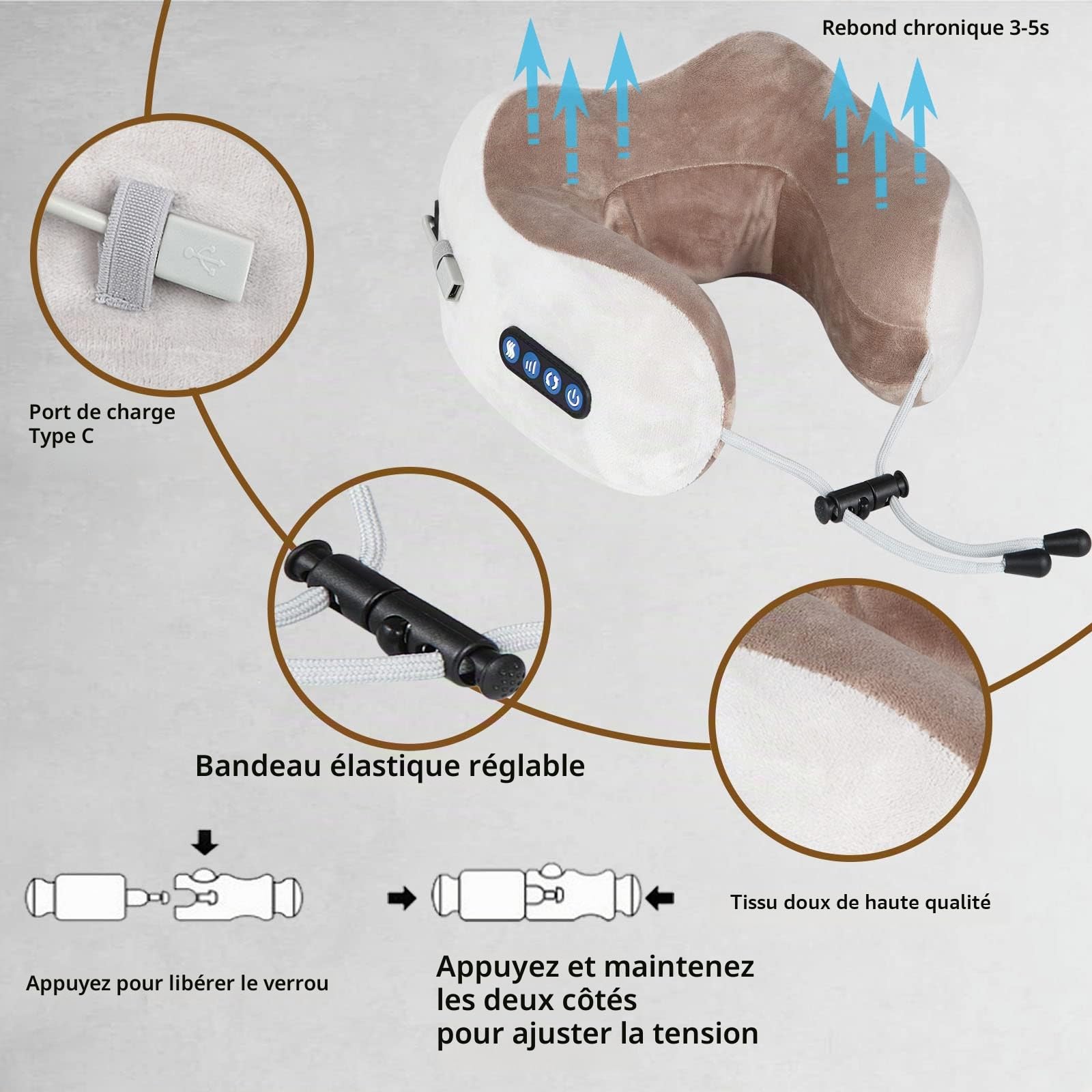 Masseur Cervical et Cou, ADURI Masseur Cervical avec Fonction Chauffage, 3 Niveaux de Force & 3 Modes, Coussin de Massage Électrique pour les Cervicales Douloureuses, Rechargeable par USB