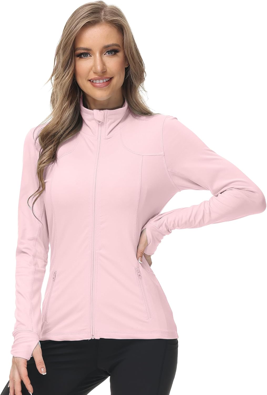 Dolcevida Women's Zip Up Running Jacket - Lightweight 4-Way Stretch Full Zip Workout Jacket with Thumb Holes & Pockets - Image 2