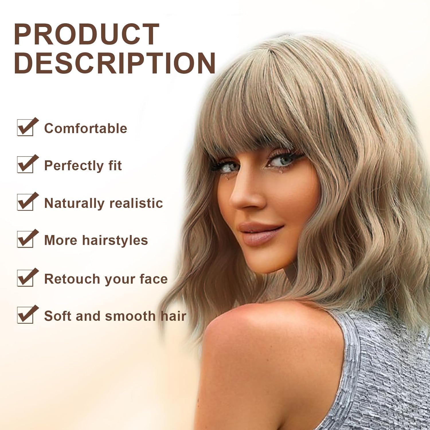 Short Wavy Human Hair Synthetic Wig, Layered, Breathable, Heat Resistant Short Ombre Blonde Wavy Wig For Women 14 Inch Shoulder  main image 3