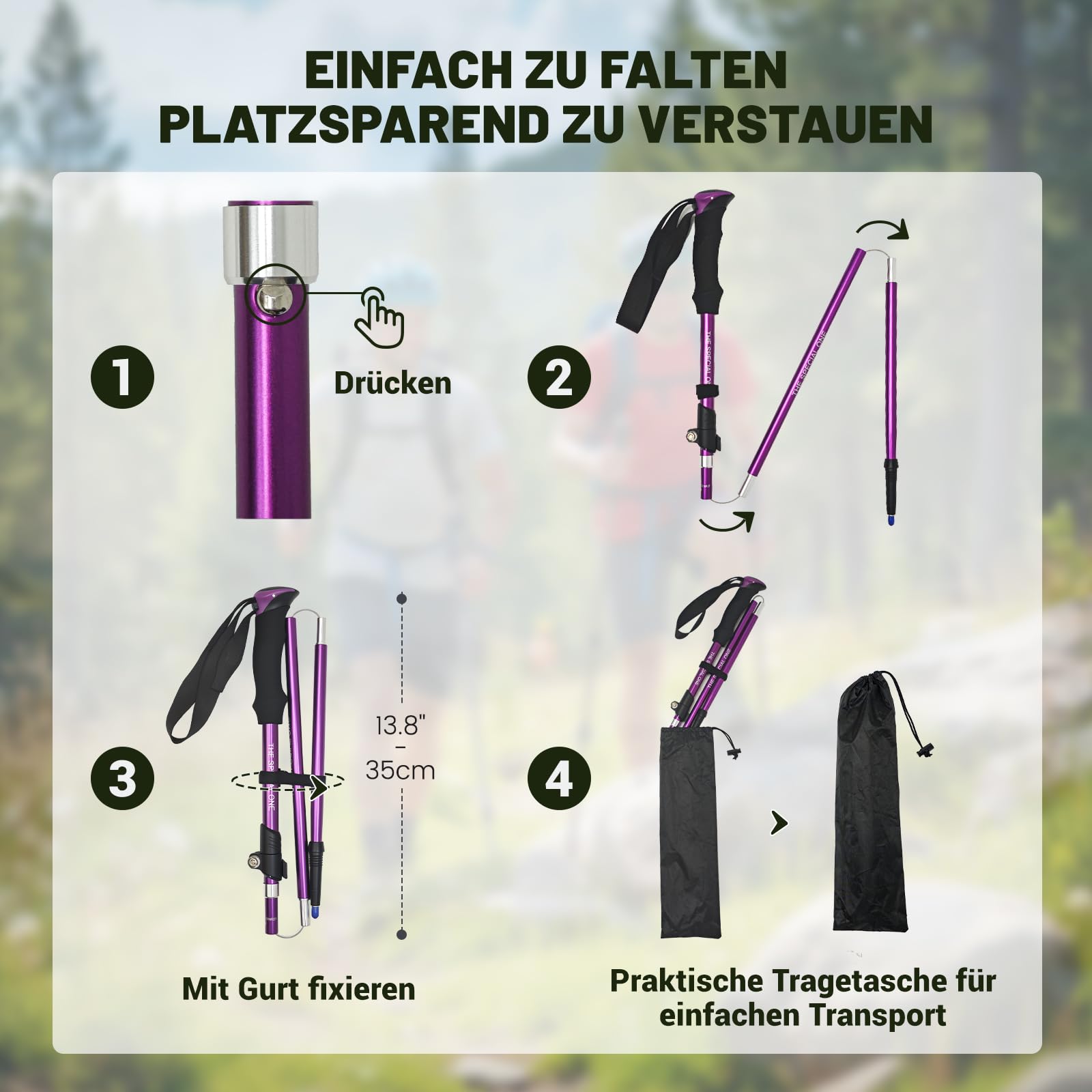 Bâtons de marche nordique pour homme et femme - 2 bâtons de randonnée télescopiques pliables et réglables de 110 à 130 cm - Bâtons de marche de qualité supérieure en aluminium avec 3 paires de tampons