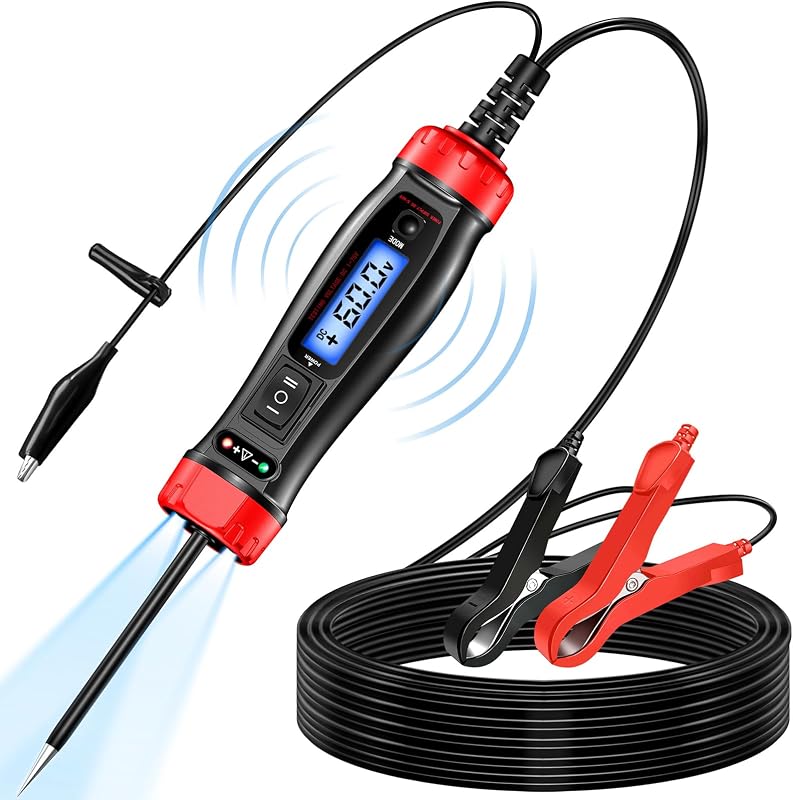 Probador de sonda de circuito de alimentación, luz de prueba automotriz digital LCD de 5-60 V CC, probador de voltaje automático con voltímetro e iluminación, herramienta de prueba eléctrica de frecuencia de continuidad de componentes de relé de fusibles de automóvil