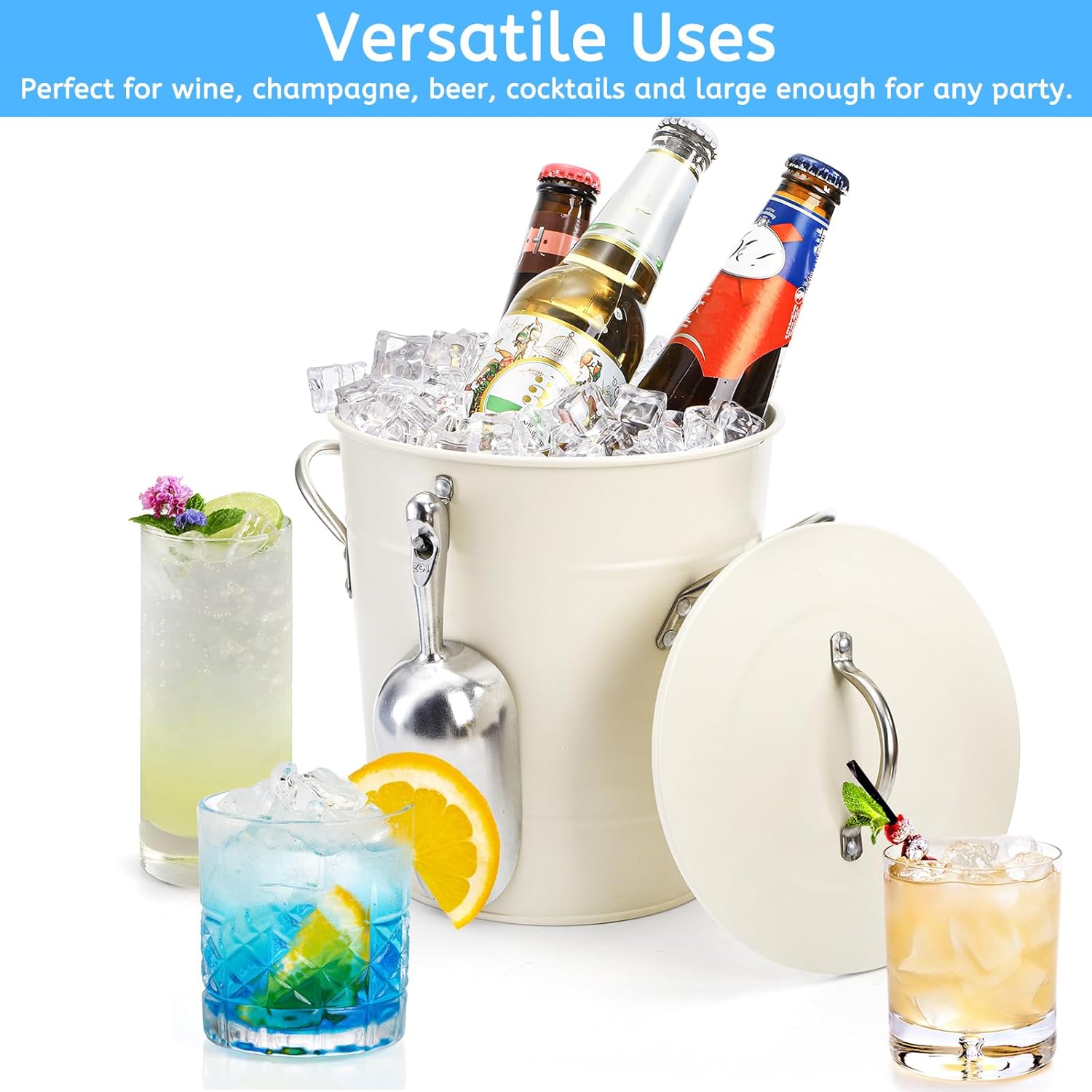 YOUEON 4L Ice Bucket with Scoop and Lid, Double Walled Insulated Wine Bucket Chiller with Carry Handles, Beverage Tub for Cocktail Party, Camping, BBQ, Indoor & Outdoor Use, White - Image 4