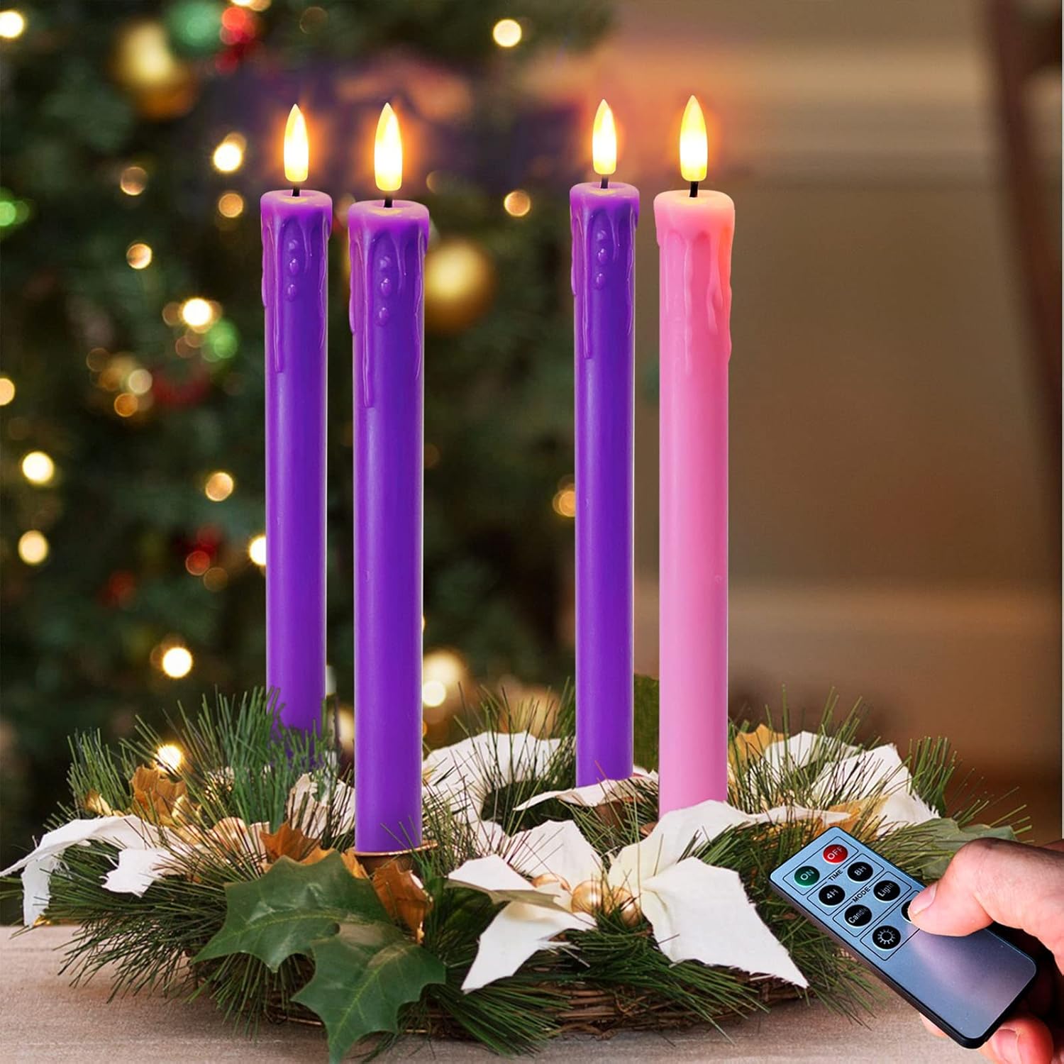 Set of 4 LED Christmas Candle Lights, Battery Operated Taper Candles for Advent Wreath, 3 Purple 1 Rose Flickering Wax Flameless Candles for Holiday School Church Celebration