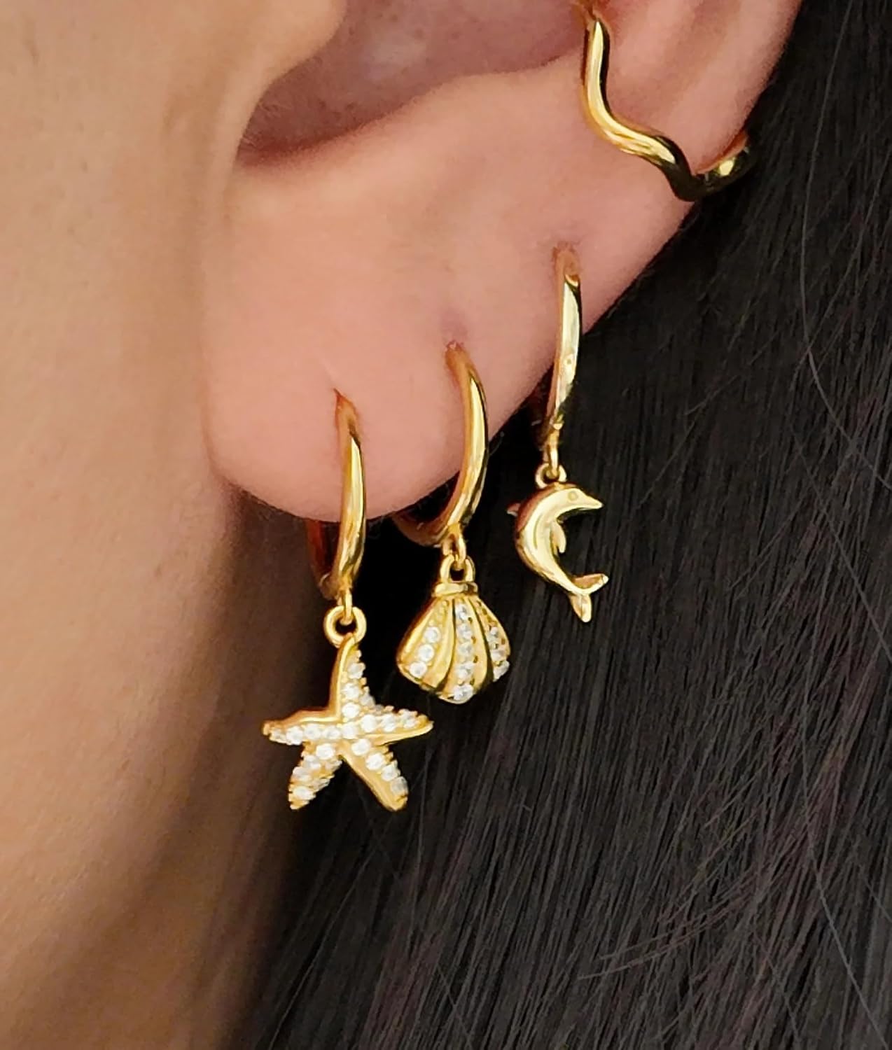 Dainty Shell Dangle Hoop Earrings for Women, Small Huggie Hoops with Charm Dolphin Conch Seashell, Hypoallergenic Summer Beach Jewelry for Her - Image 5