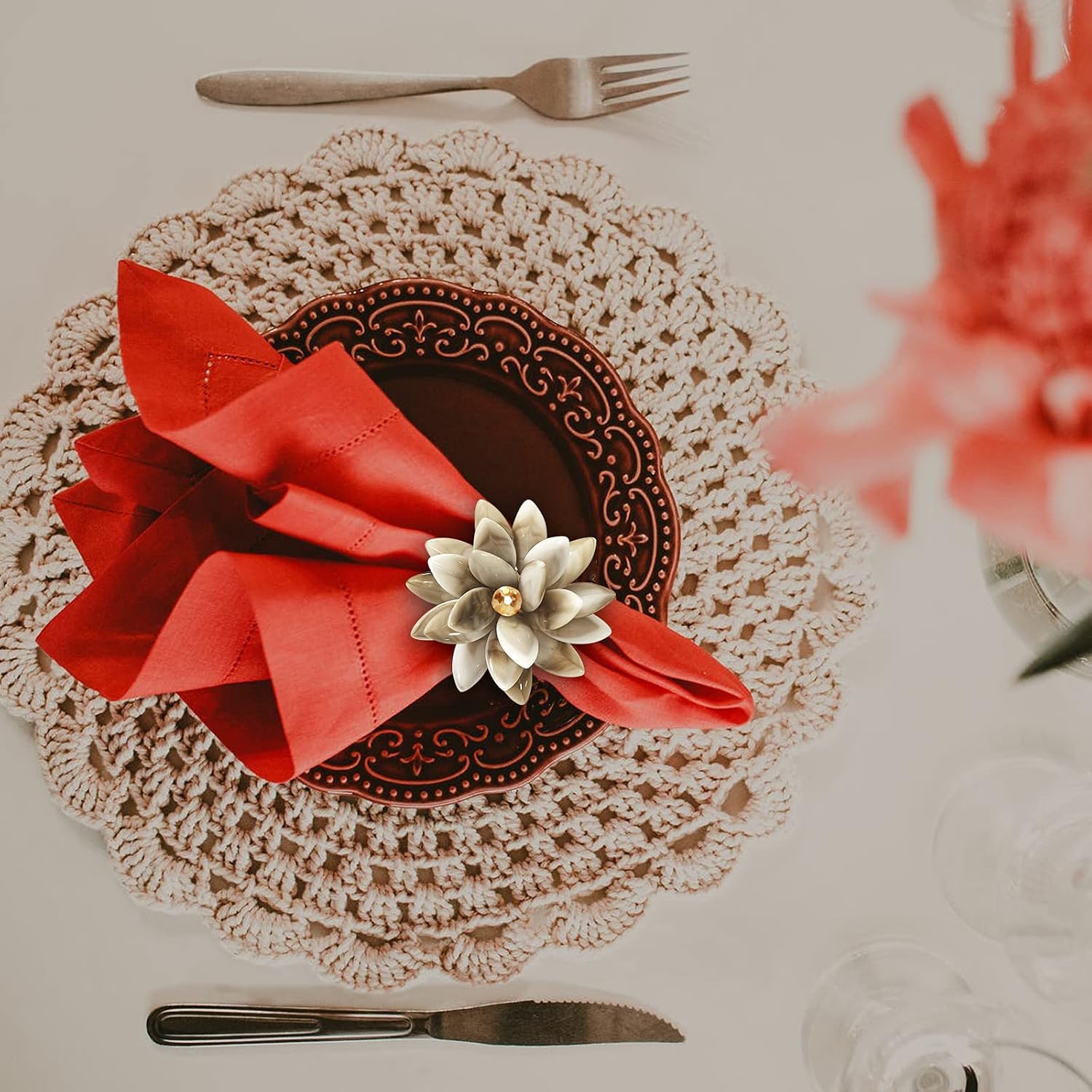 Marble Napkin Rings Set of 6, Succulent Beige Shell Flower Ring Napkin Holder, Bohu Rustic Coastal Table Decoration for Family Gathering, Thanksgiving Day, Christmas Day Kitchen Table Decor