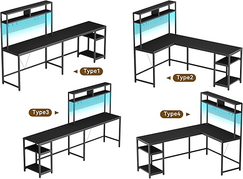 Miniatura 5 de Escritorio en forma de L con gabinete, escritorio para juegos en forma de L de 67 pulgadas con luces LED, escritorio de esquina para computadora con