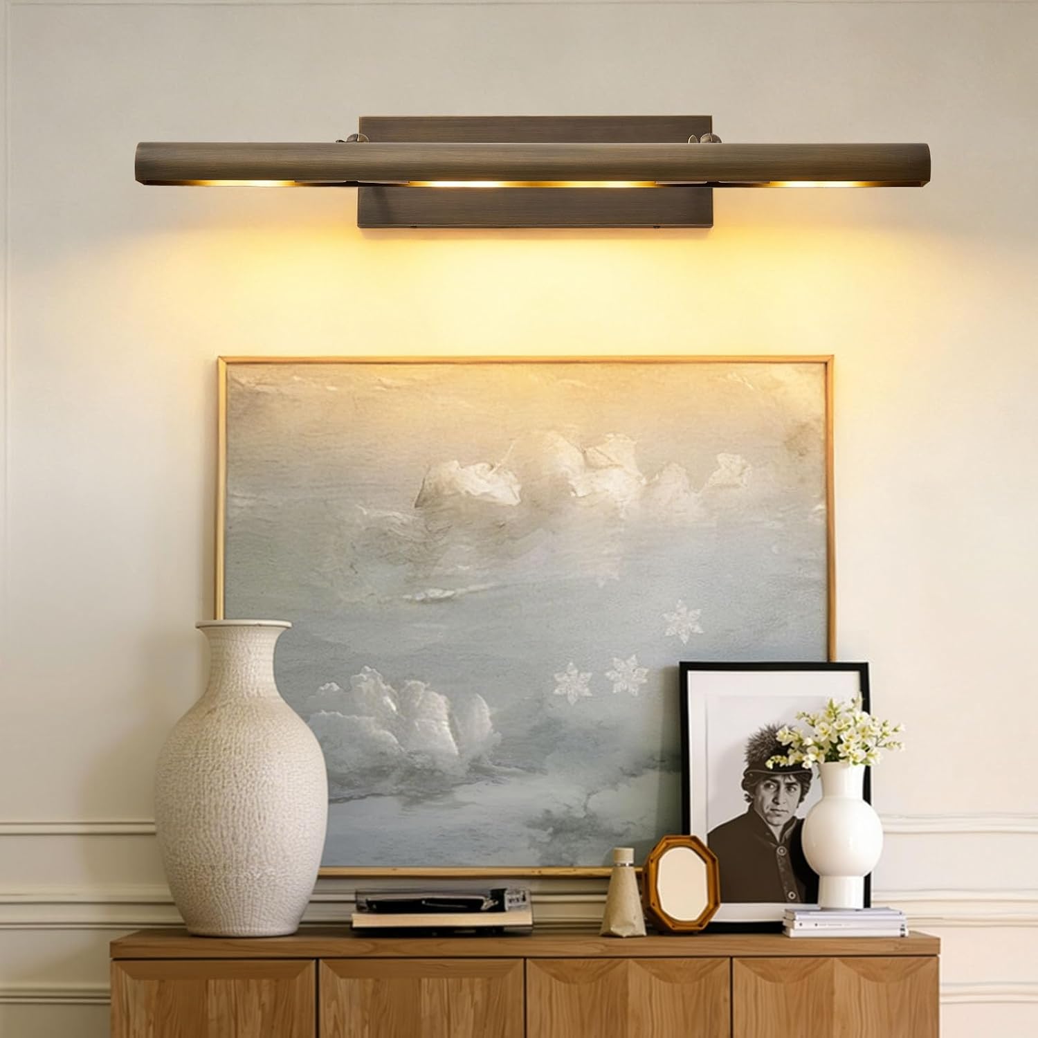 Hardwired Aged Brass Picture Light: 30" Long Rotatable Vintage Antique Gallery Artwork Display Lighting over Pictures Frame - Traditional Museum Accent Spotlight for Library Wall Photo Art Painting