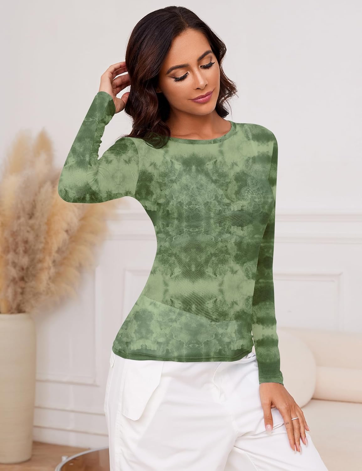 AKEWEI Womens Mesh Long Sleeve Tops Crew Neck Sexy See Through Tee Shirts Party Club Night Lace Blouse - Image 4