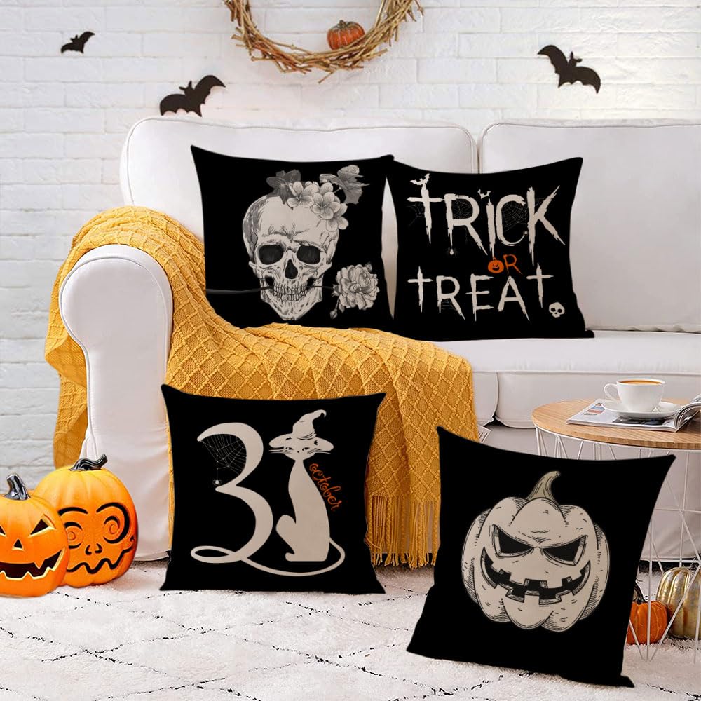 Set 4 Federe Per Cuscini Halloween GAGEC - 45x45 Cm, Motivo Zampe Di Cane E Zucca, Decorazione Interni/Esterni