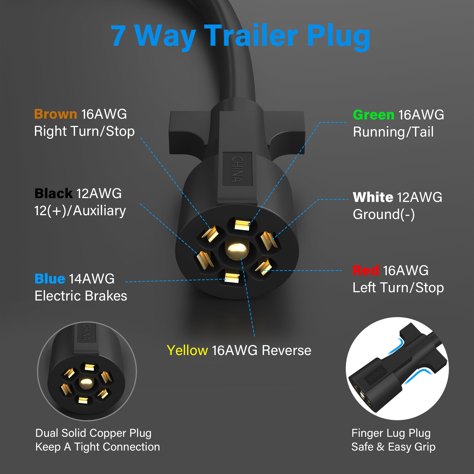 Cable de remolque en línea de 7 vías resistente de 15 pies con caja de conexiones impermeable de 7 bandas, extensión de cable conector de 7 pines para RV, camión, caravana, barco, enganche de remolque