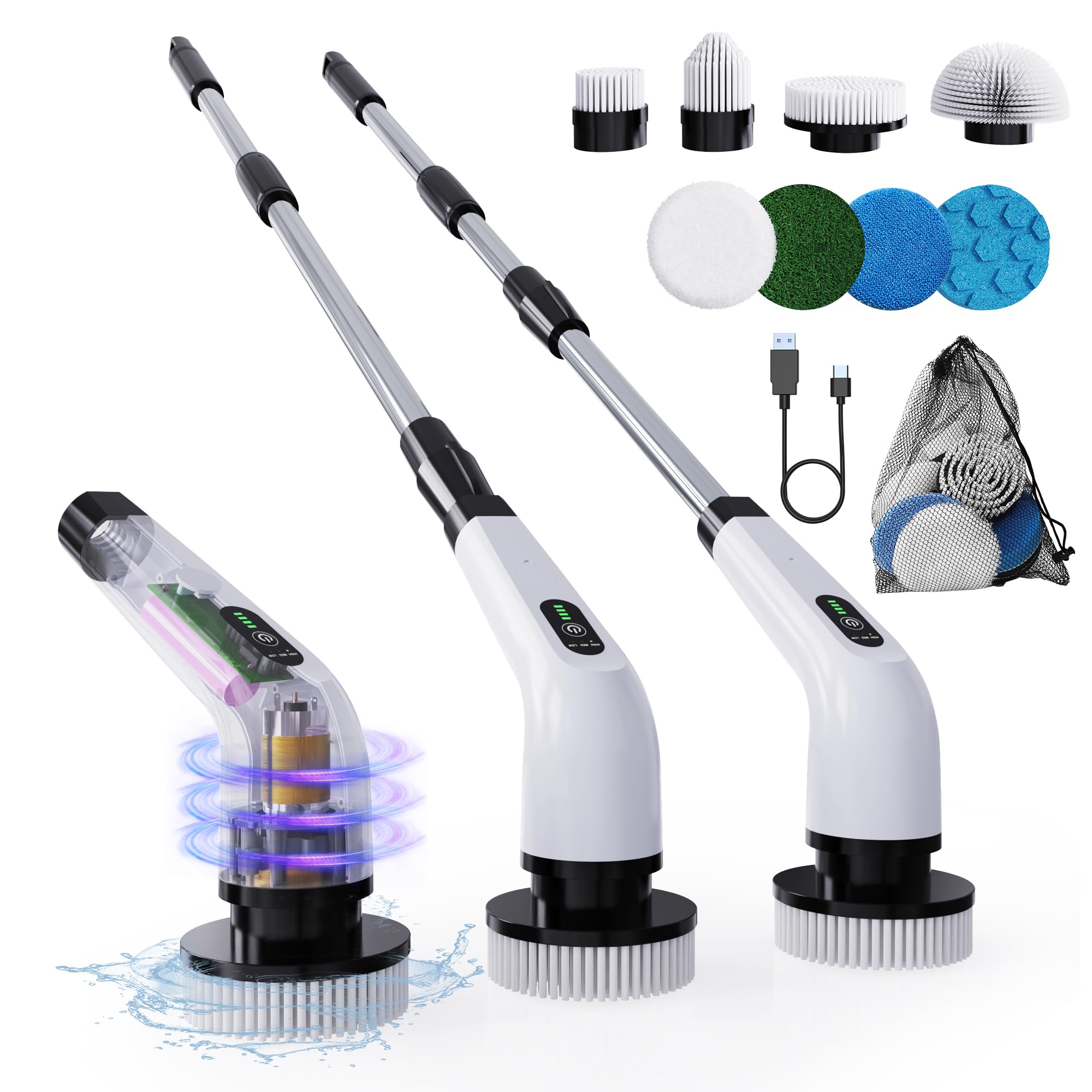 8 in 1 Electric Spin Scrubber for Cleaning Bathroom 3000mAh Power Scrubber Cordless Cleaner with Long Handle 3