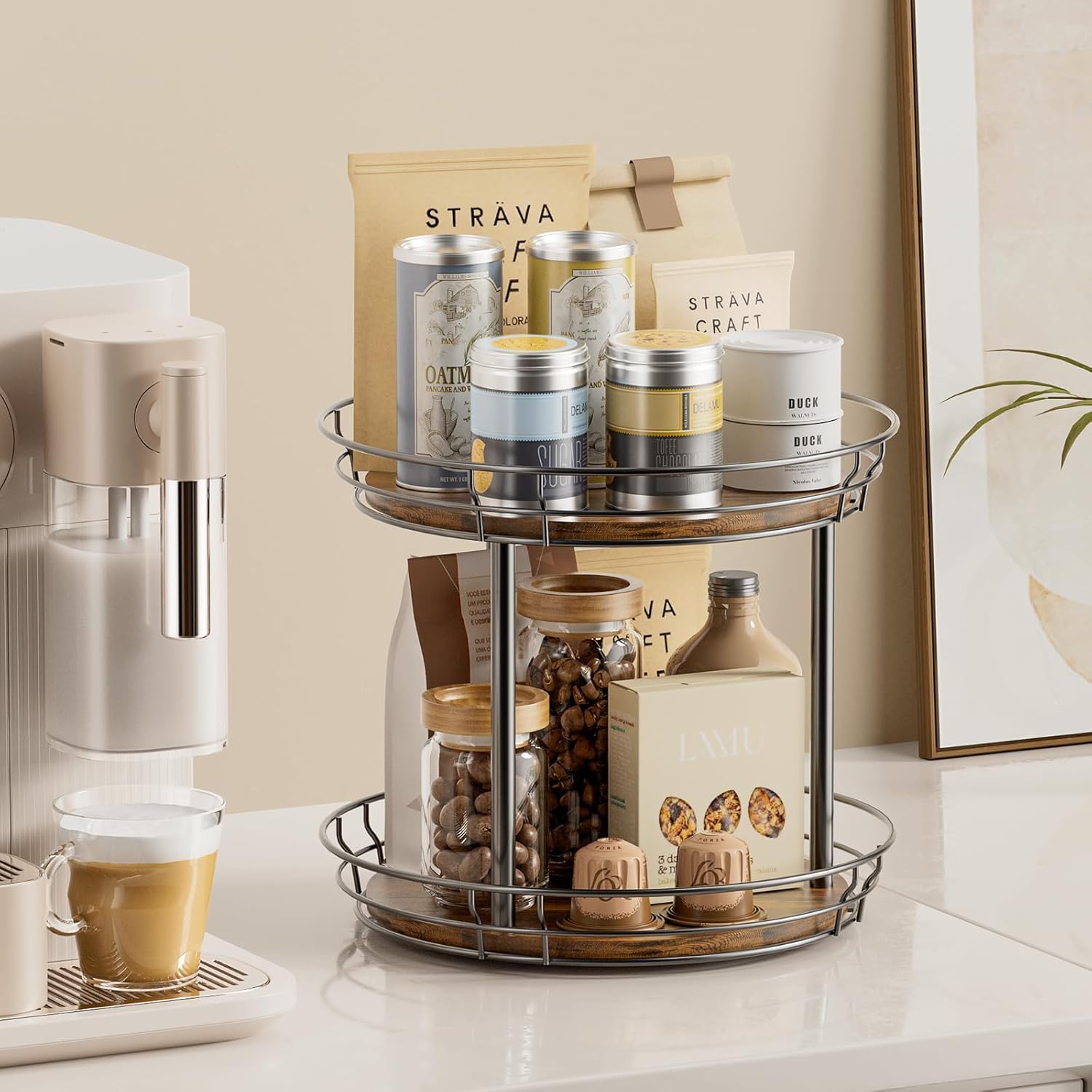 LAMU 10'' Lazy Susan Turntable Organizer, 2 Tier Round Rotating Spice Rack Organization for Kitchen Cabinet and Countertop, Wooden Lazy Susan for Table Top, Pantry, Bathroom, Vanity, Home Decor