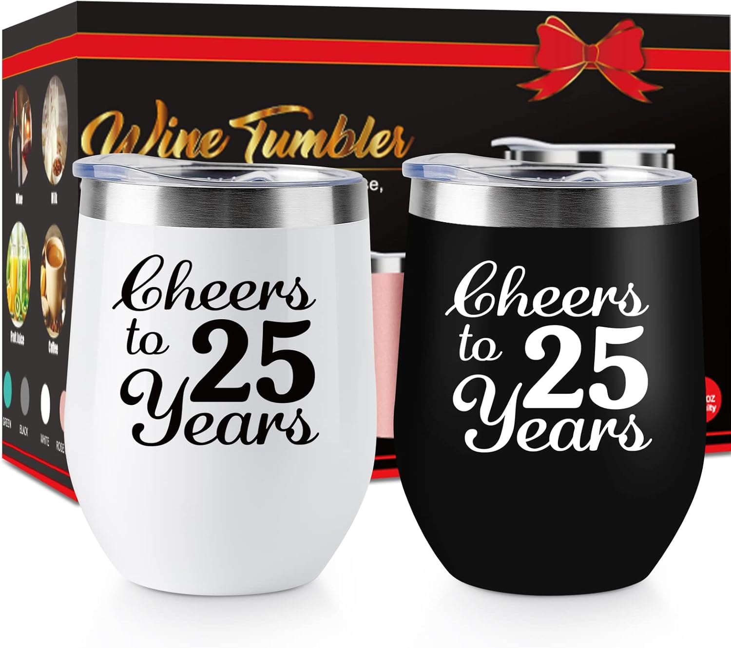 25th Anniversary Wedding Gifts for Couple Gifts for Silver Anniversary Twenty Five Years Anniversary Decorations 2 Pack Wine Tumbler 12 OZ - Image 2