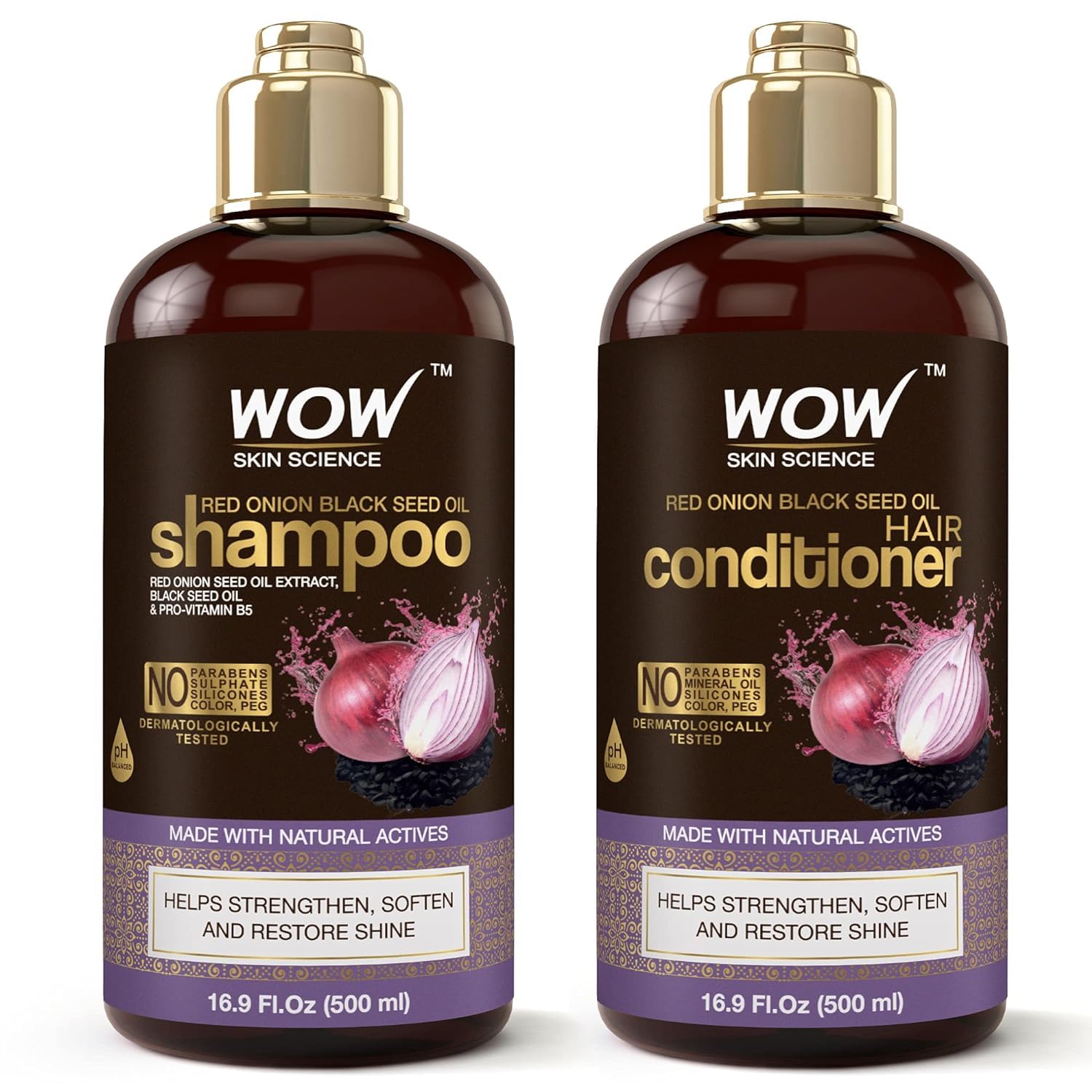 WOW Skin Science Onion Black Seed Oil Shampoo & Conditioner Set including Hair Oil for Strong Soft Hair & Shine