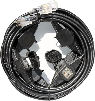 50FT Power Extension Cord - 3 Prong, 14 Gauge SJTW 5-15R Cable with Male Plug to Female Connector, 7 Outlet, Multiple Evenly-Spaced Plugs, Suitable for Stage or Outdoor, UL Certified