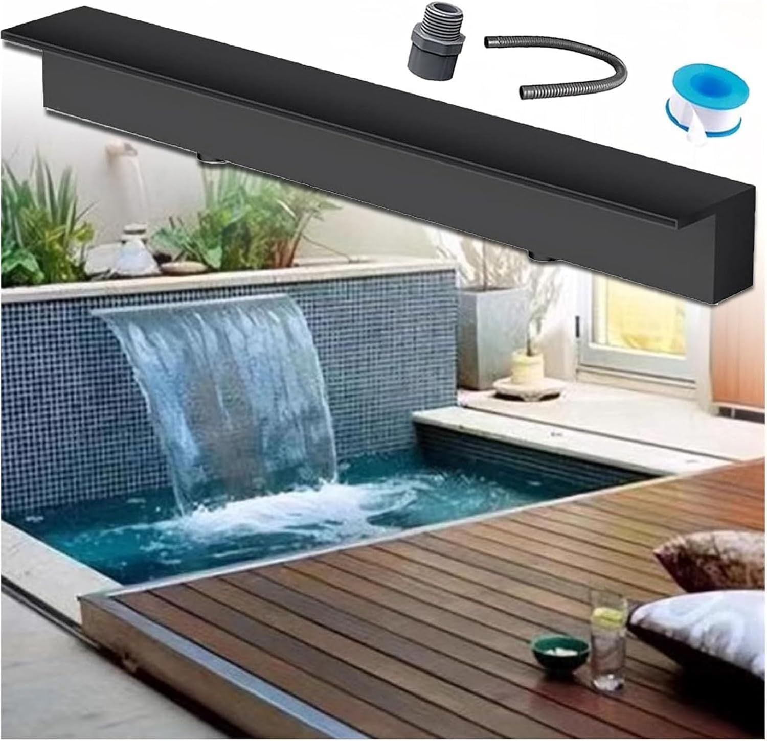 304 Stainless Steel Waterfall Spillway, 8in-78in Water Flow Sheer Descent Platform Water Feature for Swimming Pool and Outdoor Garden Decor