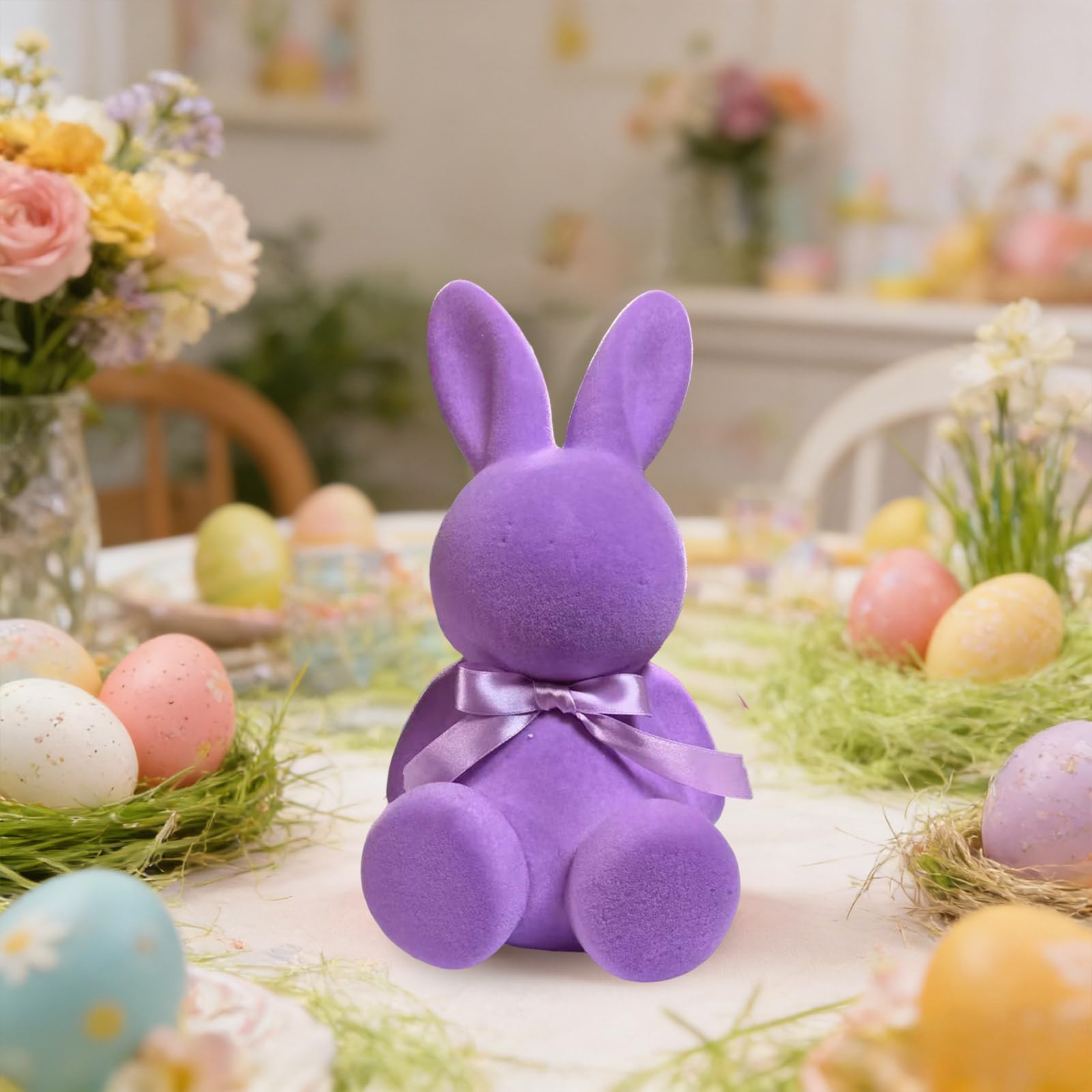 Osterhasen mit Schleifen, Sitzender Hase Deko Hase,Hasenfiguren in Pastellfarben für Tisch, Regal & Wohnraum, Frühlingsdeko (Lila/Magenta/Blau/Rosa)