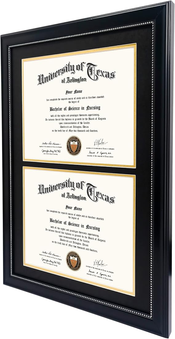 GraduationMall 14x20 Double Diploma Frame, Display 8.5x11 Certificate with Black over Gold Mat,Tempered Glass,Black with Silver Beads