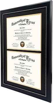 GraduationMall 14x20 Double Diploma Frame, Display 8.5x11 Certificate with Black over Gold Mat,Tempered Glass,Black with Silver Beads