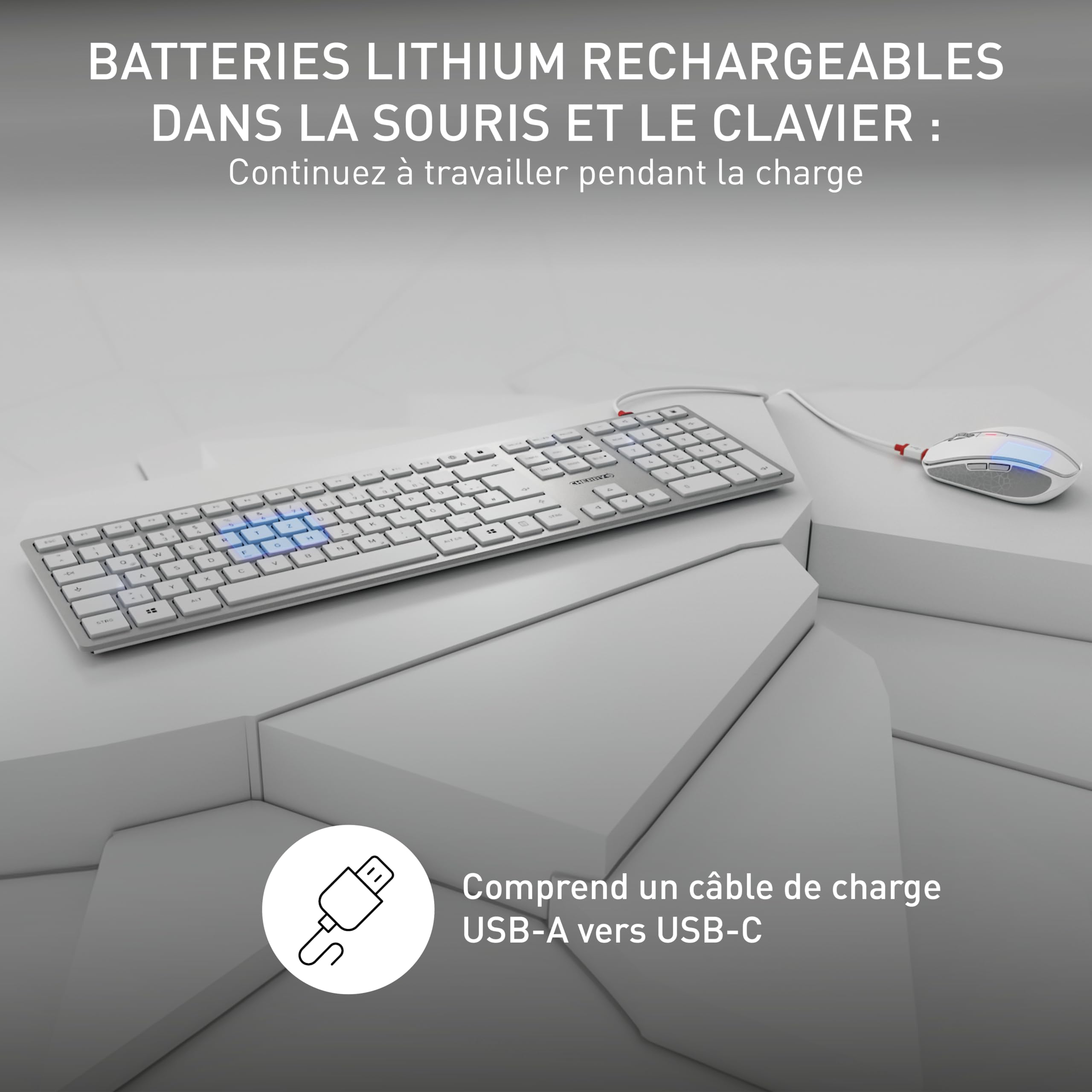CHERRY DW 9100 Slim, Ensemble Clavier et Souris sans Fil, Disposition Belge (AZERTY), Bluetooth et radio4 GHz, Touches silencieuses, Rechargeable, Blanc argenté