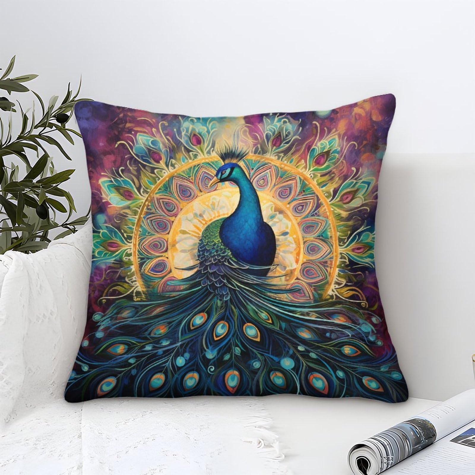 LKBASOEGD 3D Printed Peacock Square Pillowcases Throw Pillow Case Decorative Super Soft Pack of 1 for Sofa Couch Bed 50x50cm