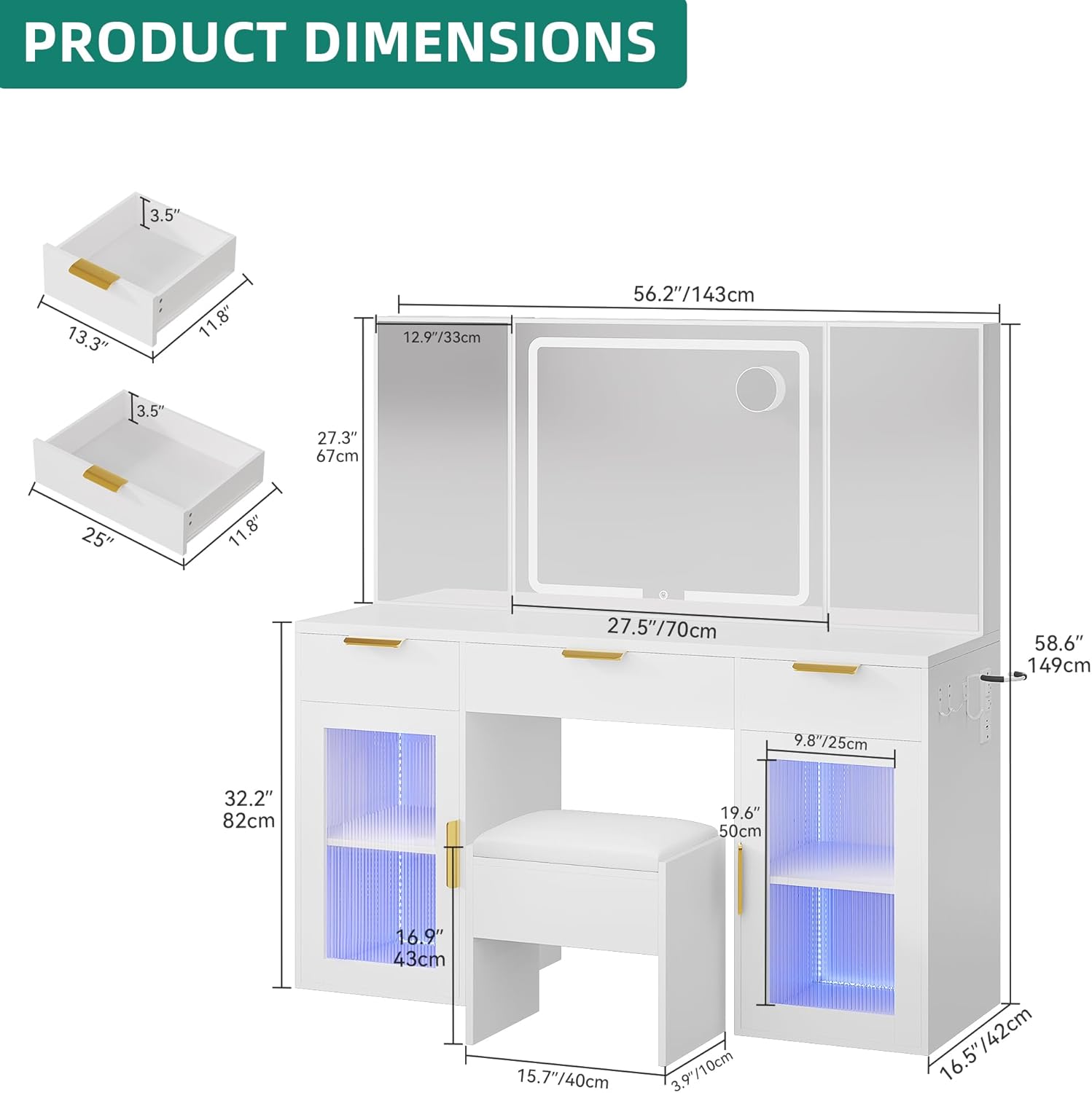 YITAHOME 56" LED Vanity Desk with Tri-Fold Mirror & Lights, RGB Glass Storage, 3 Drawers