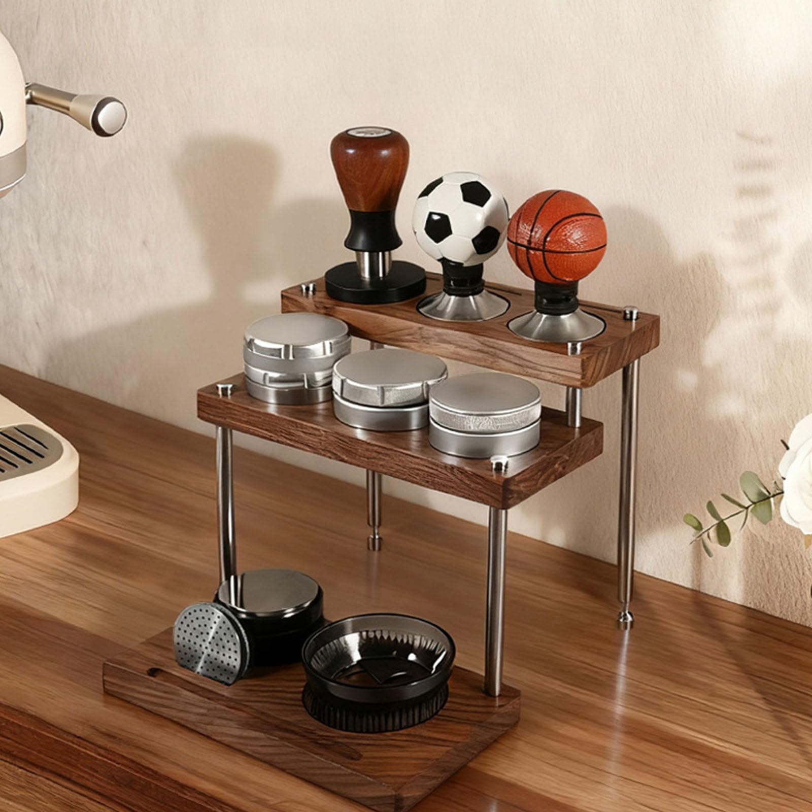 Espresso Tamper aus Holz, handgefertigtes Aufbewahrungsregal, Holz Aufbewahrungseinheit für Kaffeezubehör und Werkzeuge, Kaffee Tamper