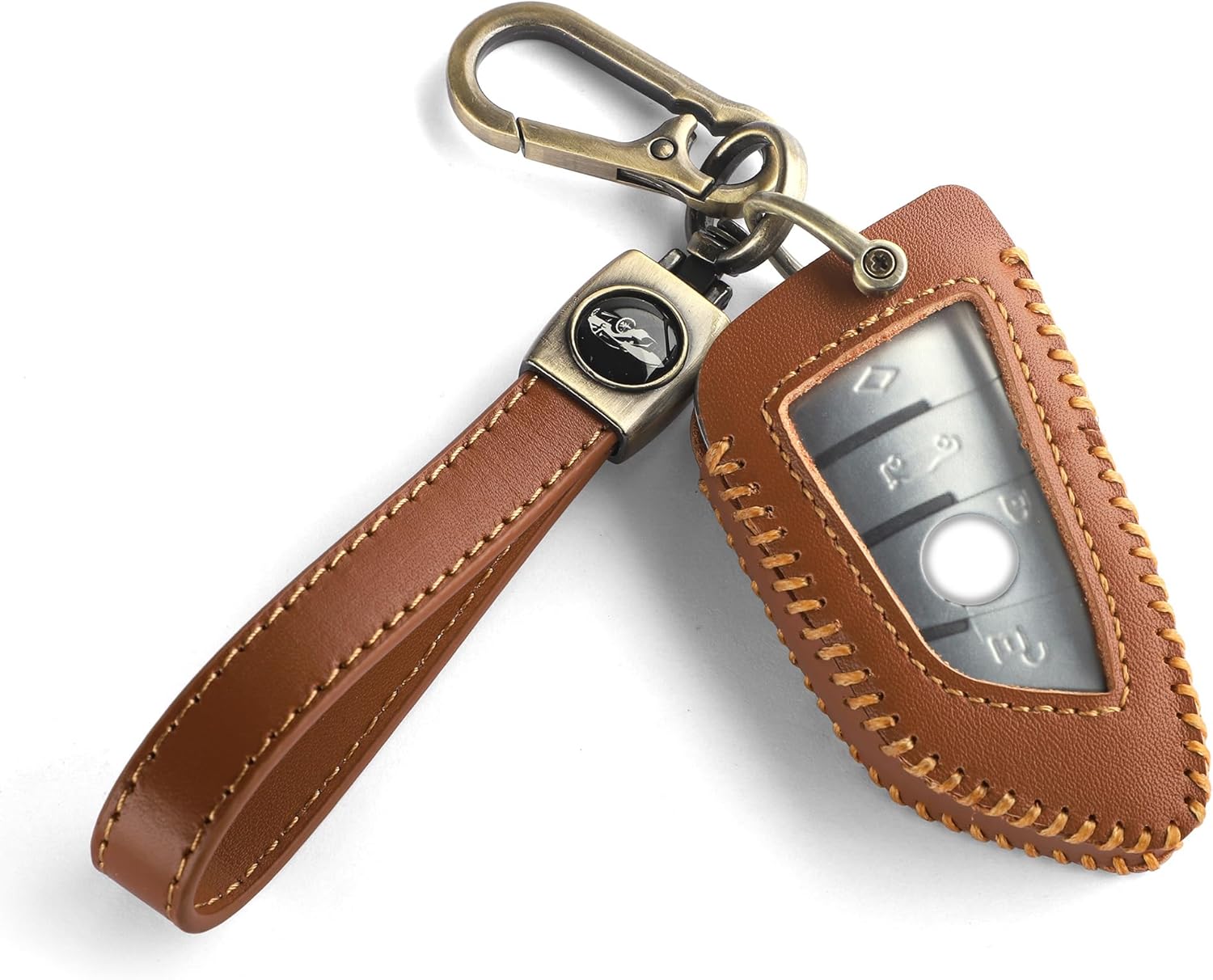 for BMW Key Fob Cover with Keychain, Leather Car Key Case Full Protector Fit for BMW 2023 2024 7 Series 740 760i I5 I7 IX X1 X5 X6 X7 Smart Key, Brown