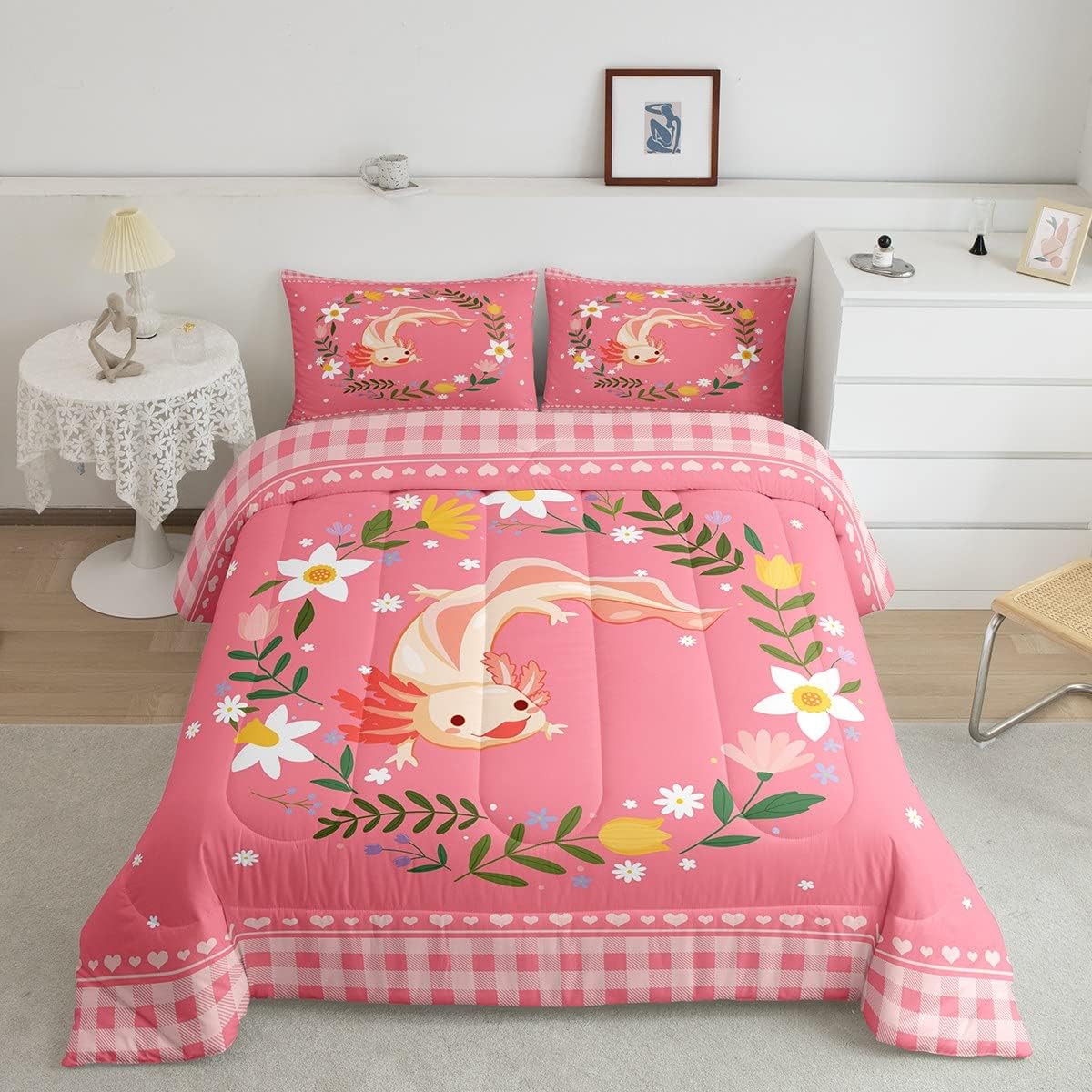 Cute Axolotl Comforter Full for Girl Boy Animal Bedding Set, Cartoon