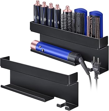 Hair Tool Organizer Wall Mount, Hair Dryer Holder for 7 in 1 Curling Iron Styler Attachment Storage, Curling Iron Holder Black, Adhesive Hair Straightener Holder for Bathroom