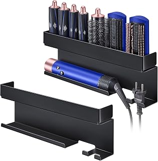 Hair Tool Organizer Wall Mount, Hair Dryer Holder for 7 in 1 Curling Iron Styler Attachment Storage, Curling Iron Holder Black, Adhesive Hair Straightener Holder for Bathroom