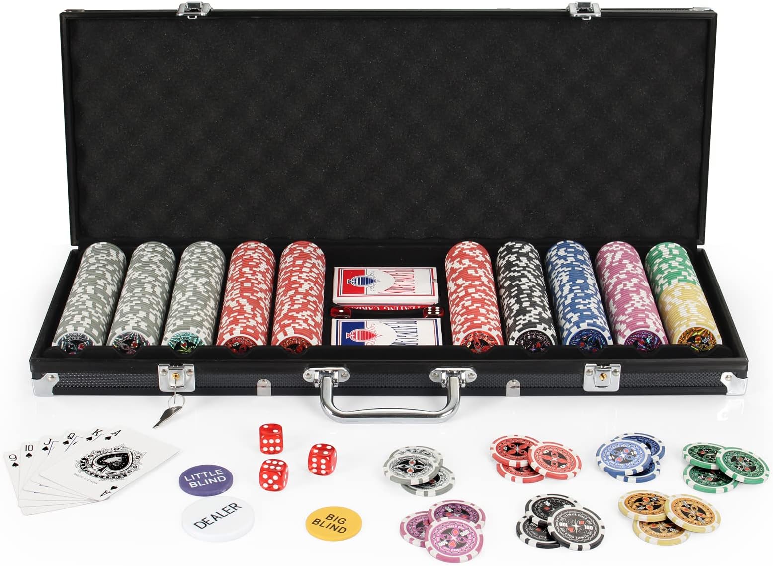 display4top Texas Holdem Poker Chips Set with Aluminum Case,2 Decks of Cards, Dealer, Small Blind, Big Blind Buttons and 5 Dice (500 Piece Chips)