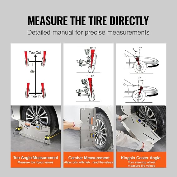 VEVOR Wheel Alignment Tool, 2-Pack Toe Plates, Camber/Caster/Toe Gauge 0.1 Accuracy, Stainless Steel Tool Plate, Magnetic Slots and 6 Alignment Rods, Includes 2 Measuring Tapes & Conversion Chart