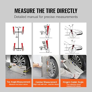 VEVOR Wheel Alignment Tool, 2-Pack Toe Plates, Camber/Caster/Toe Gauge 0.1 Accuracy, Stainless Steel Tool Plate, Magnetic Slots and 6 Alignment Rods, Includes 2 Measuring Tapes & Conversion Chart